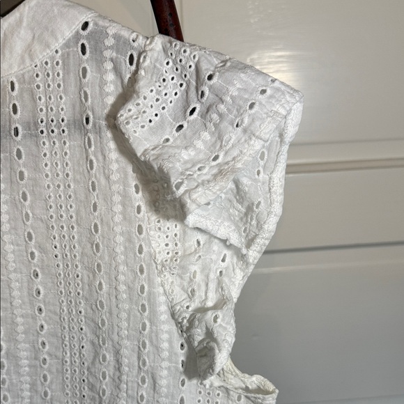 White Eyelet tiered ruffle Blouse Button Front Cottagecore Summer Top - Picture 10 of 11